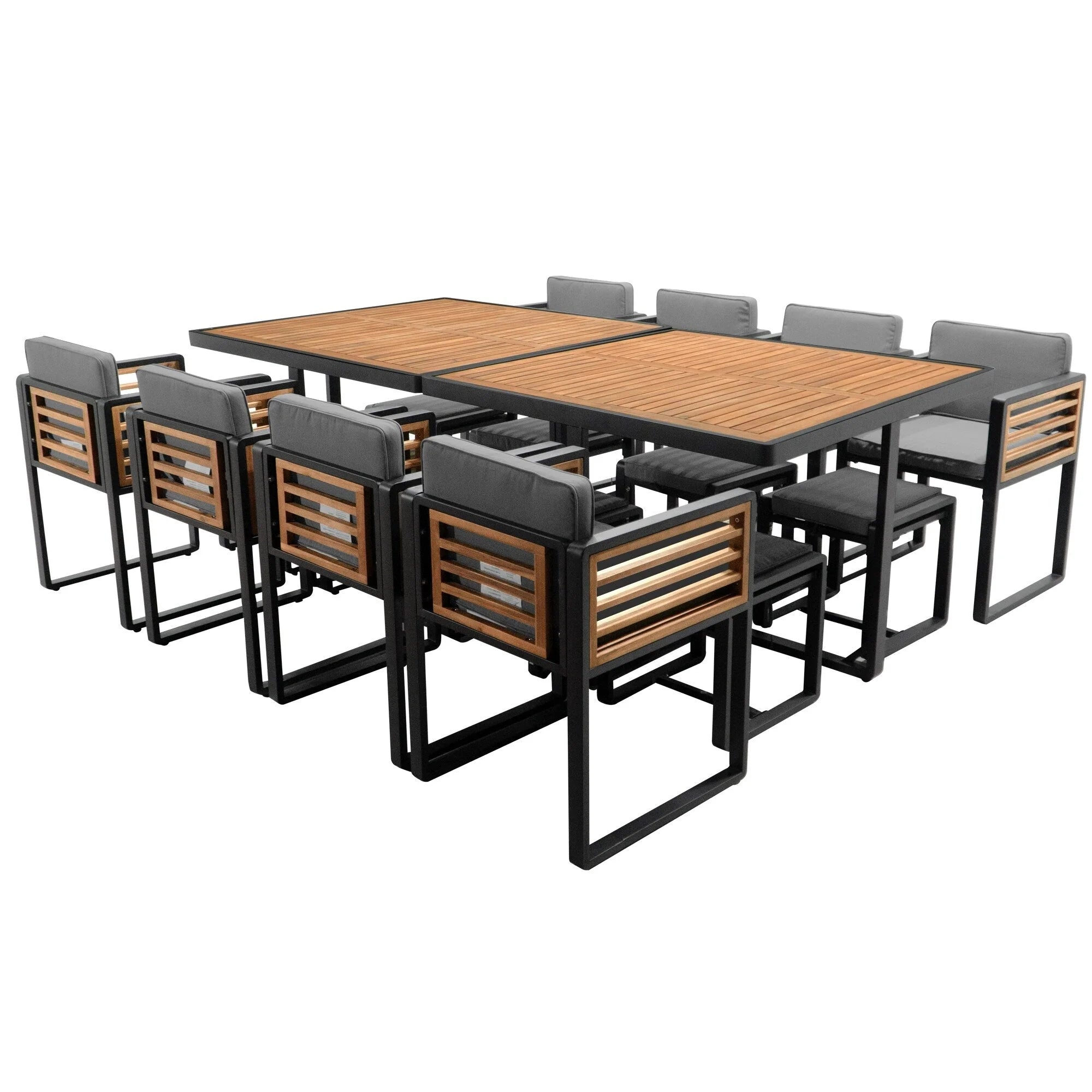 Ensemble de salle à manger de patio en bois d'acacia de 18 pièces, 8 chaises coussinées et 8 poufs et 2 tables carrées