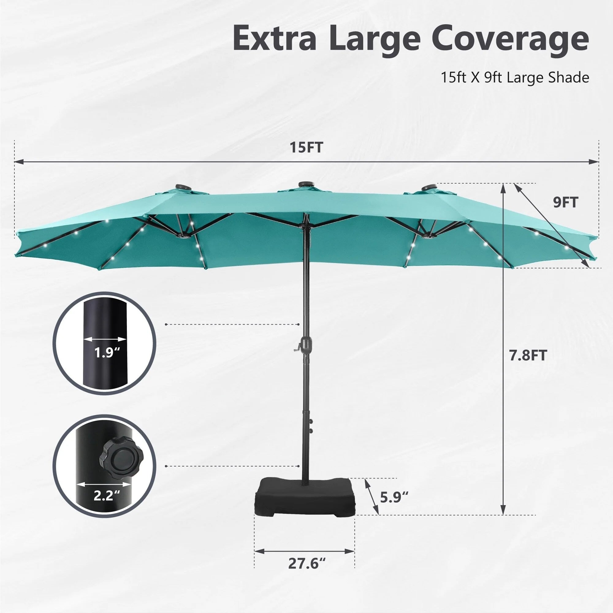 MAISON ARTS Parasol de marché extérieur rectangulaire de 4,5 m avec manivelle, double face, lumières LED solaires et base incluse