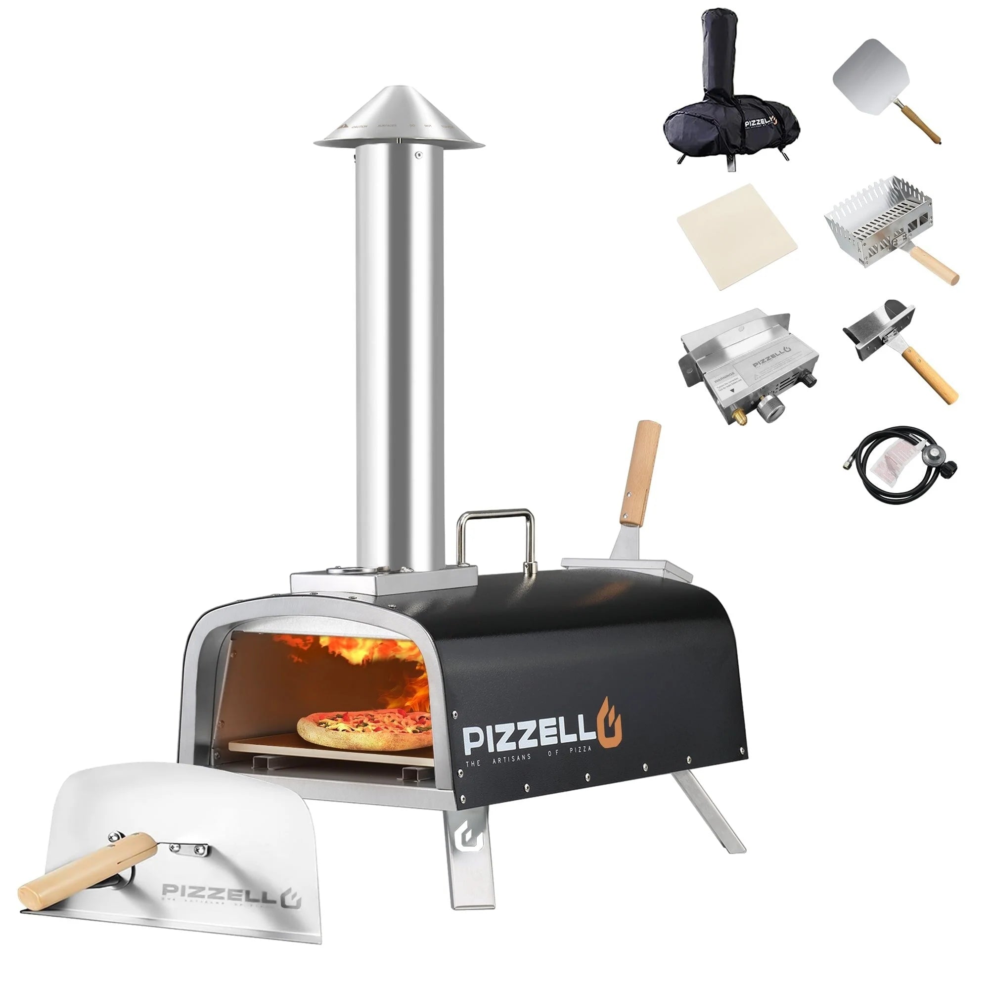 Four à pizza d'extérieur multi-combustibles avec brûleur à gaz et boîte à bois - 30 cm