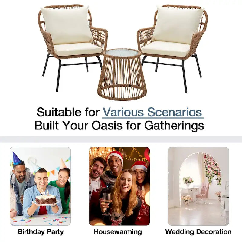 Ensemble de bistro 3 pièces pour terrasse, salon de jardin en rotin d'extérieur avec table en verre et 2 fauteuils larges, coussins d'assise