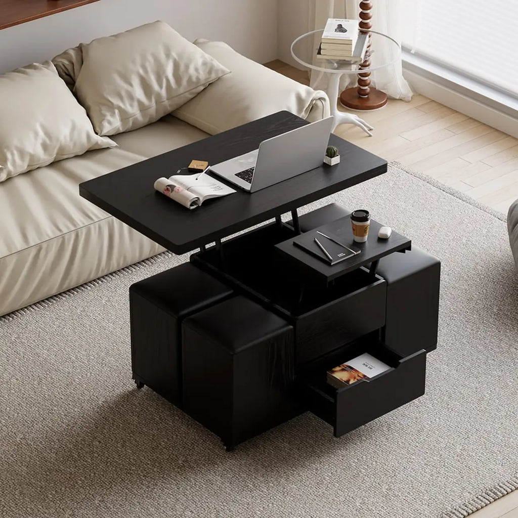 Table basse relevable et pliable avec 4 tabourets et rangement