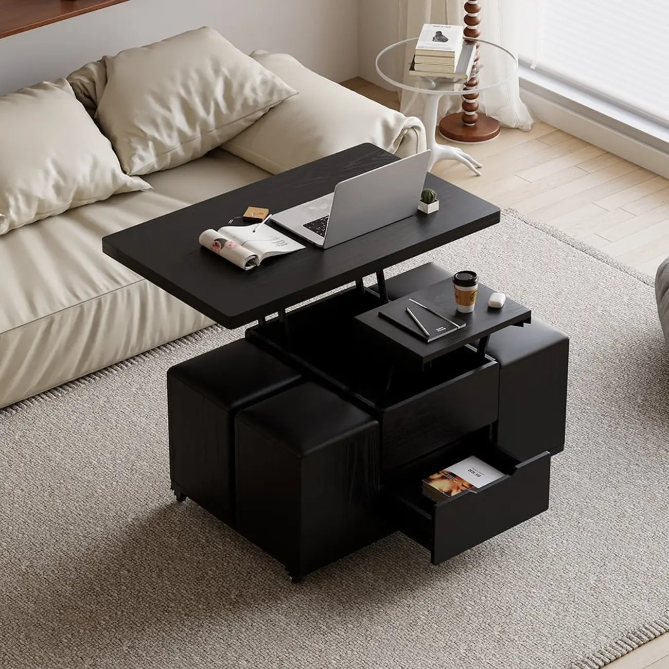 Table basse relevable et pliable avec 4 tabourets et rangement
