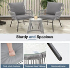 Ensemble de bistro 3 pièces pour terrasse, salon de jardin en rotin d'extérieur avec table en verre et 2 fauteuils larges, coussins d'assise