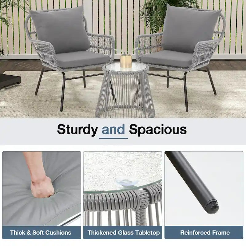Ensemble de bistro 3 pièces pour terrasse, salon de jardin en rotin d'extérieur avec table en verre et 2 fauteuils larges, coussins d'assise
