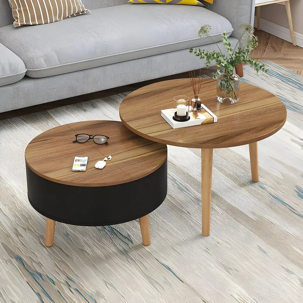 Table basse ronde en bois noir et blanc moderne avec rangement