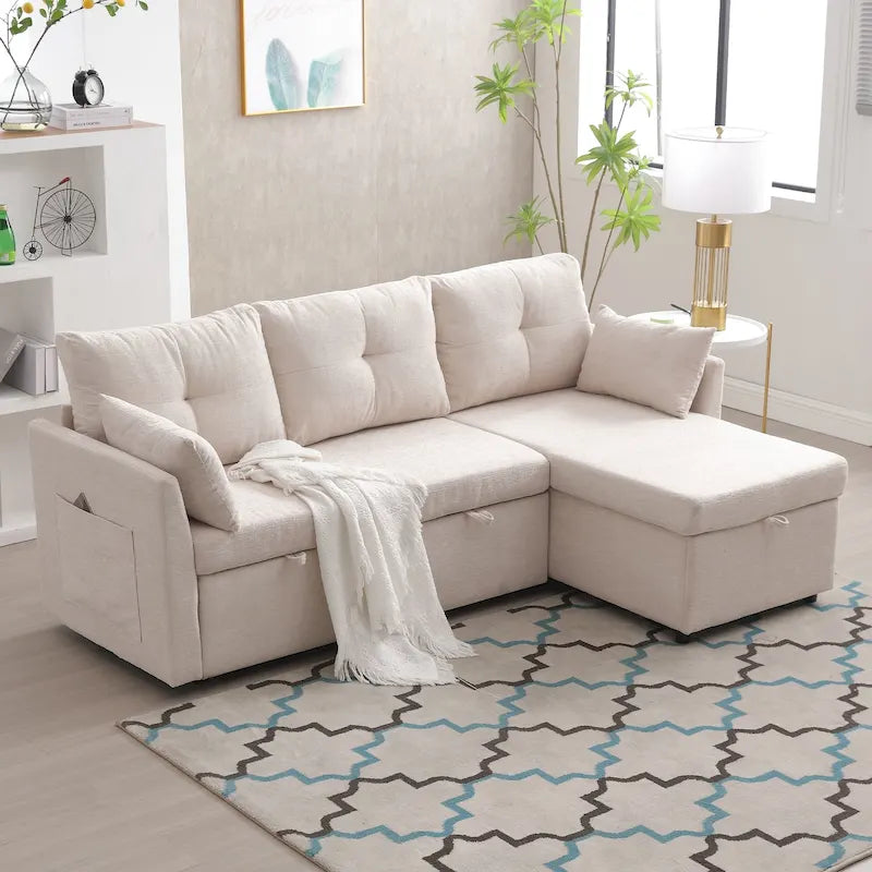 Canapé d'angle réversible en velours côtelé/chenille avec chaise longue de rangement et poche latérale