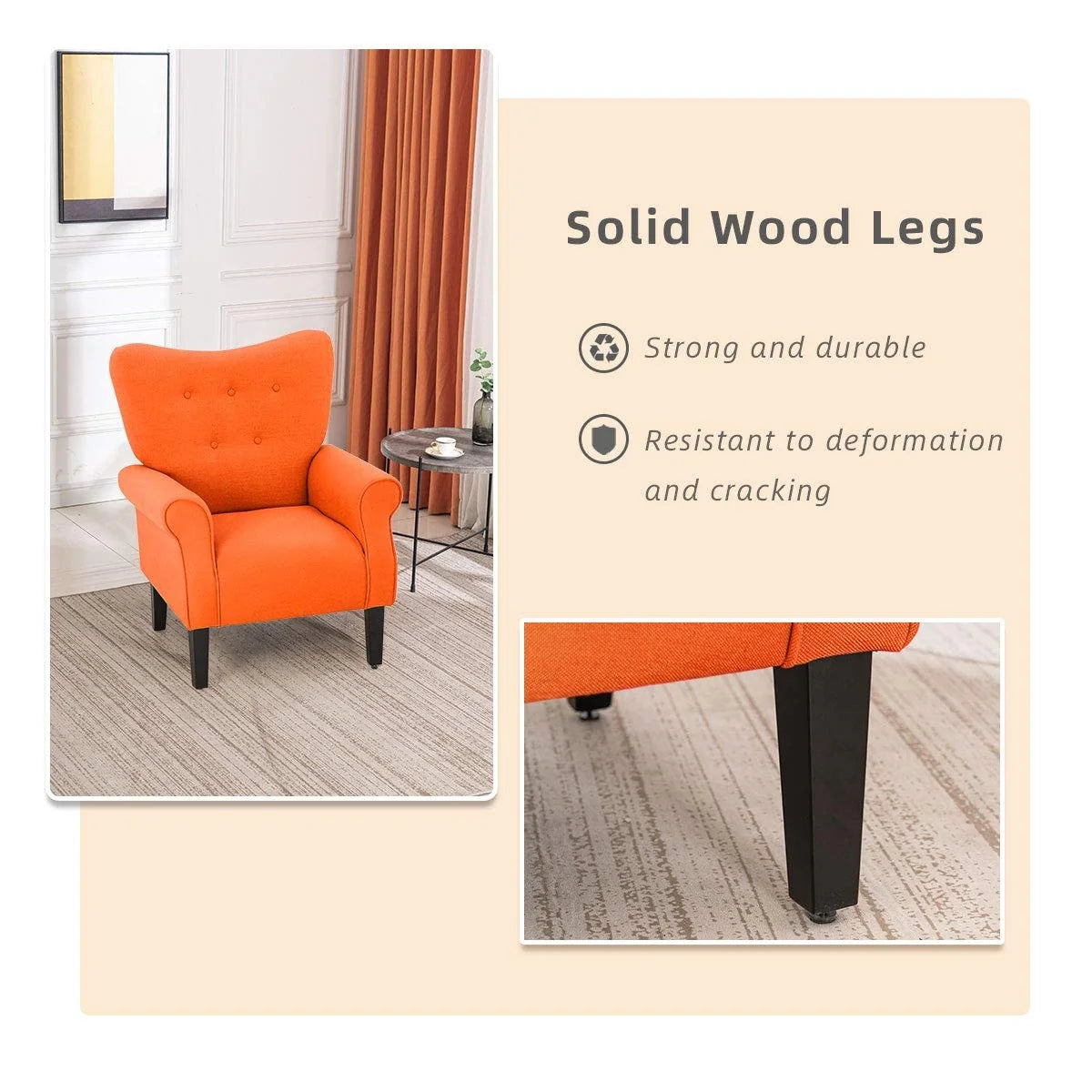 Fauteuil d'appoint moderne Erommy, fauteuil à dossier haut, canapé individuel en tissu capitonné avec pieds en bois pour salon