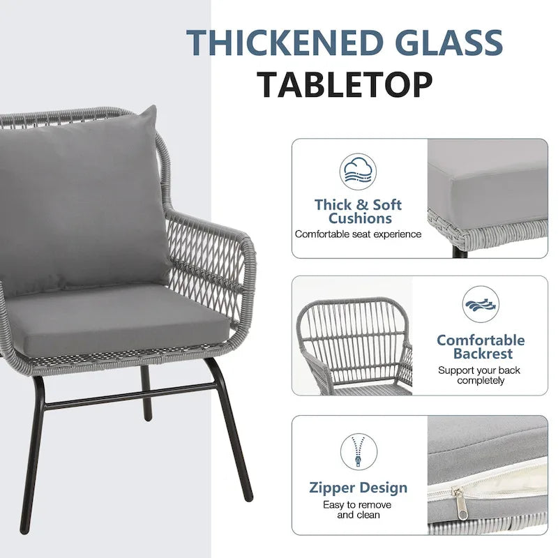 Ensemble de bistro 3 pièces pour terrasse, salon de jardin en rotin d'extérieur avec table en verre et 2 fauteuils larges, coussins d'assise