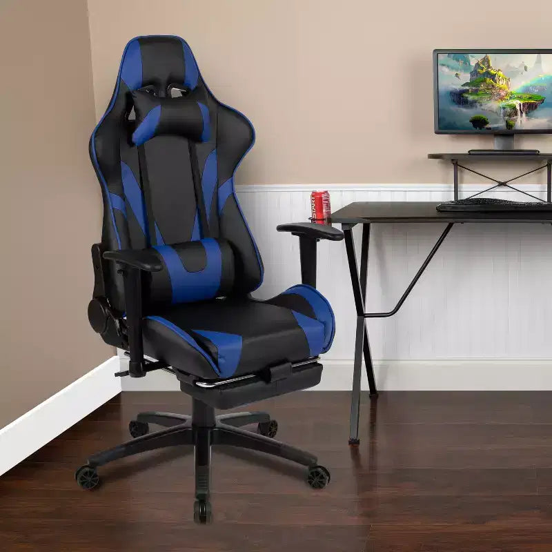 Chaise de jeu ergonomique Emma and Oliver Racing avec dossier inclinable et repose-pieds en similicuir rouge