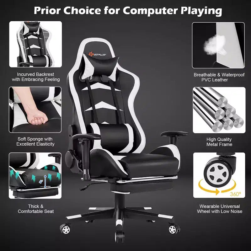 Costway Chaise de bureau gamer inclinable et pivotante avec repose-pieds de massage