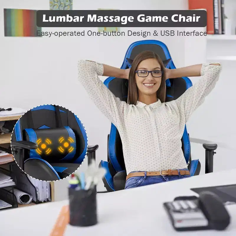 Costway Chaise de bureau gamer inclinable et pivotante avec repose-pieds de massage