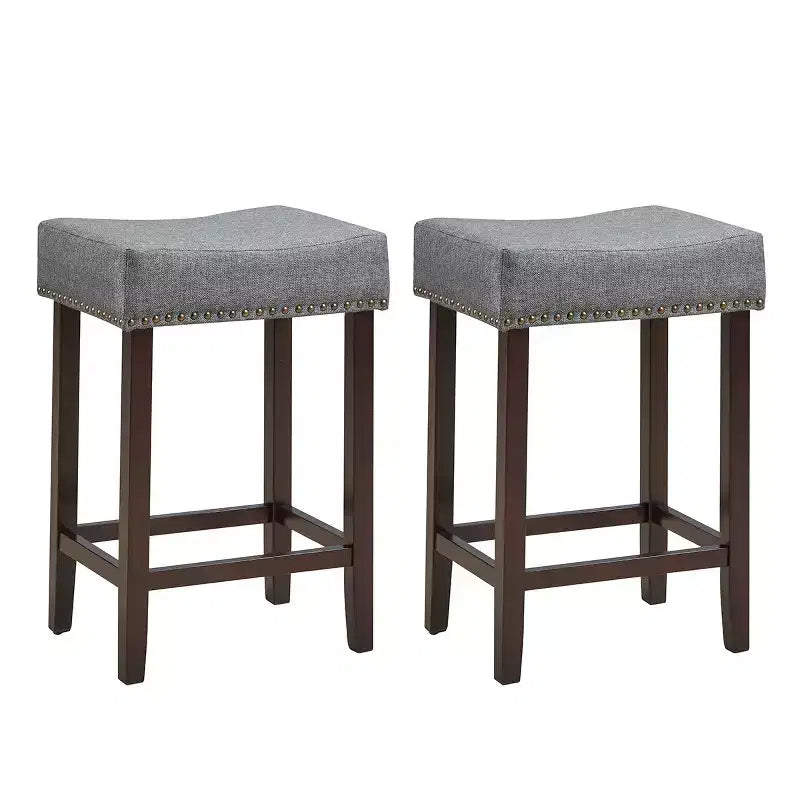 Costway Set of 2 Nailhead Saddle Bar Stools 24'' Height w/ Fabric Seat & Wood Legs BeigeGray