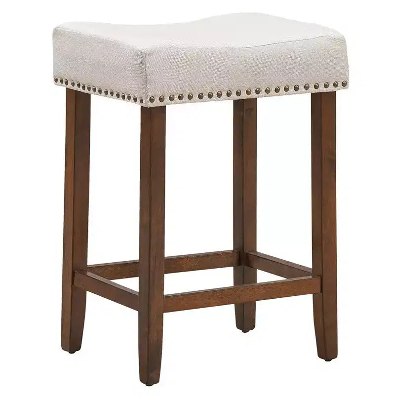 Costway Lot de 2 Tabourets de Bar en Tissu à Rivets Hauteur 24'' avec Siège en Tissu et Pieds en Bois Gris-Beige