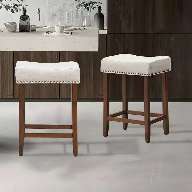 Costway Lot de 2 Tabourets de Bar en Tissu à Rivets Hauteur 24'' avec Siège en Tissu et Pieds en Bois Gris-Beige