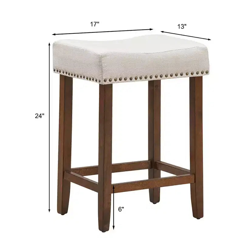 Costway Lot de 2 Tabourets de Bar en Tissu à Rivets Hauteur 24'' avec Siège en Tissu et Pieds en Bois Gris-Beige