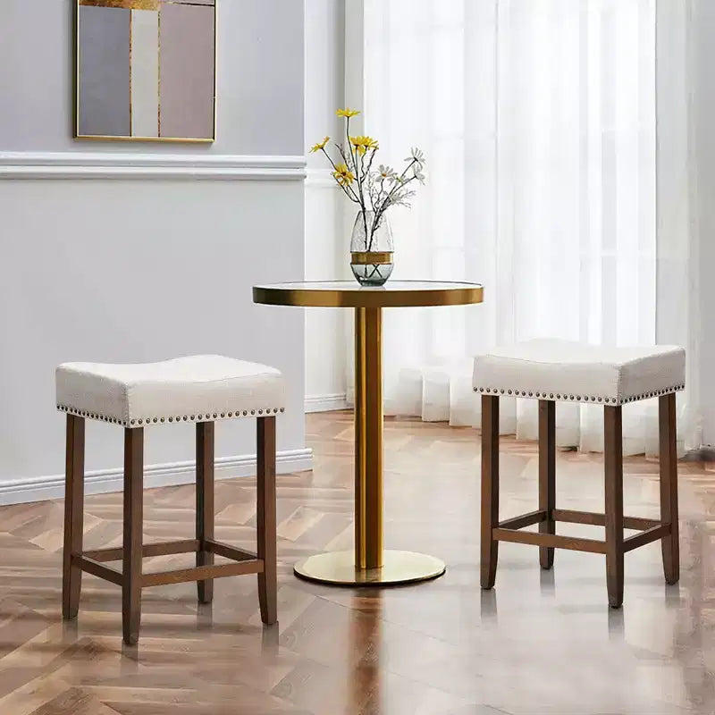 Costway Lot de 2 Tabourets de Bar en Tissu à Rivets Hauteur 24'' avec Siège en Tissu et Pieds en Bois Gris-Beige