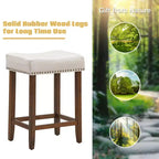 Costway Lot de 2 Tabourets de Bar en Tissu à Rivets Hauteur 24'' avec Siège en Tissu et Pieds en Bois Gris-Beige