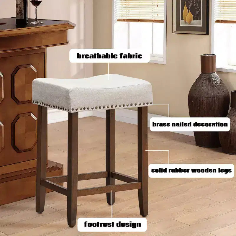 Costway Lot de 2 Tabourets de Bar en Tissu à Rivets Hauteur 24'' avec Siège en Tissu et Pieds en Bois Gris-Beige