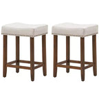 Costway Lot de 2 Tabourets de Bar en Tissu à Rivets Hauteur 24'' avec Siège en Tissu et Pieds en Bois Gris-Beige