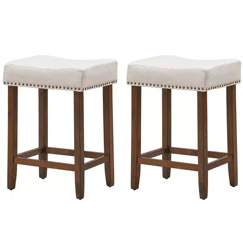 Costway Lot de 2 Tabourets de Bar en Tissu à Rivets Hauteur 24'' avec Siège en Tissu et Pieds en Bois Gris-Beige