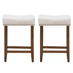 Costway Lot de 2 Tabourets de Bar en Tissu à Rivets Hauteur 24'' avec Siège en Tissu et Pieds en Bois Gris-Beige
