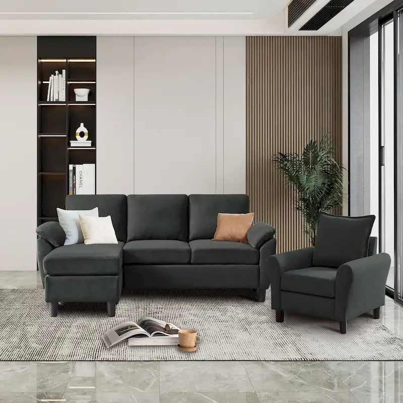 Canapé d'angle 3 places avec fauteuil et pouf pour salon