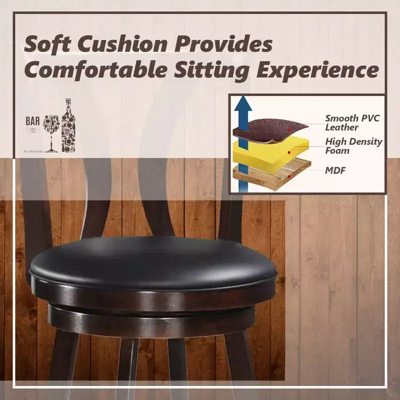 Tabourets de bar pivotants Costway, chaises hauteur bar 75 cm avec pieds en bois d'hévéa