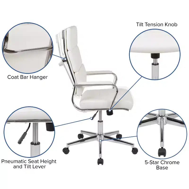 Chaise de bureau ergonomique Merrick Lane à dossier haut avec accoudoirs rembourrés en métal, chaise de bureau pivotante de direction