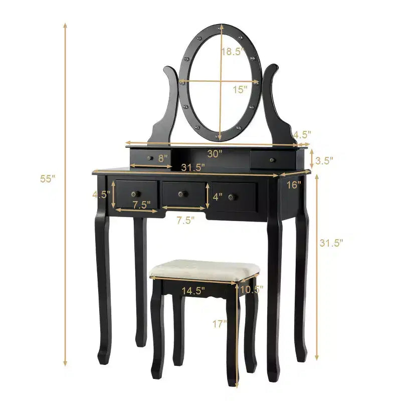 Costway Coiffeuse de Maquillage avec 5 Tiroirs et 12 Ampoules LED Noir