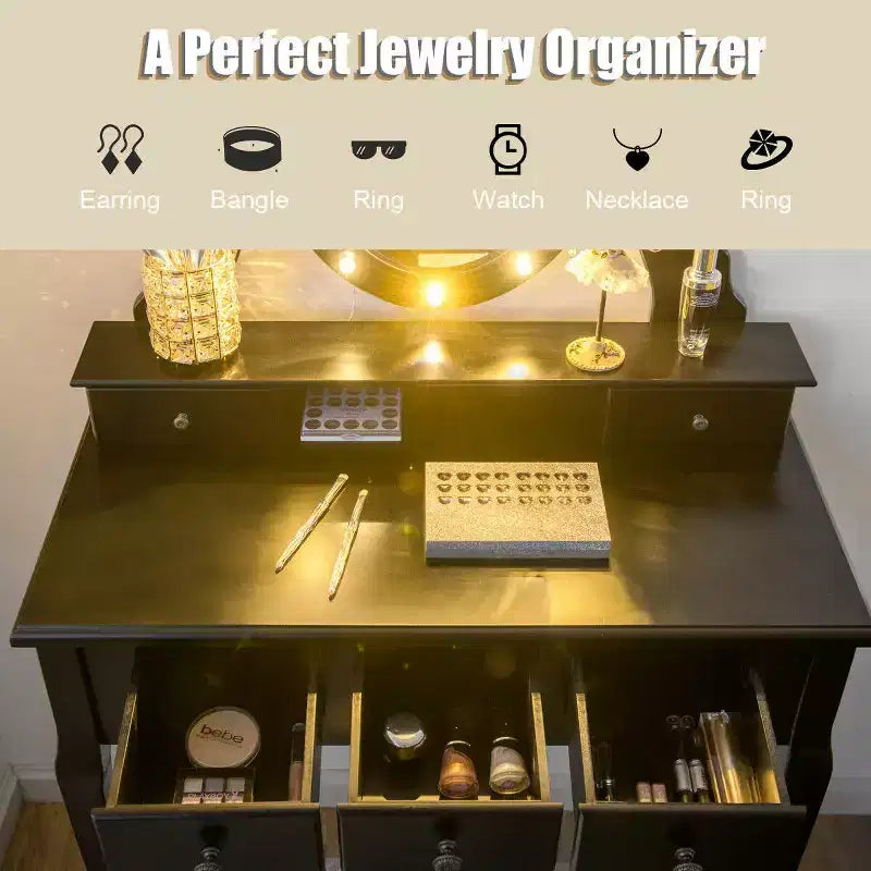 Costway Coiffeuse de Maquillage avec 5 Tiroirs et 12 Ampoules LED Noir