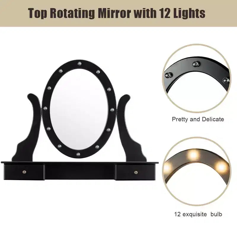 Costway Coiffeuse de Maquillage avec 5 Tiroirs et 12 Ampoules LED Noir