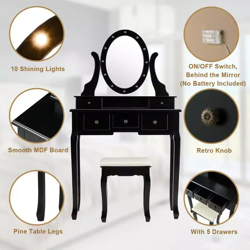 Costway Coiffeuse de Maquillage avec 5 Tiroirs et 12 Ampoules LED Noir