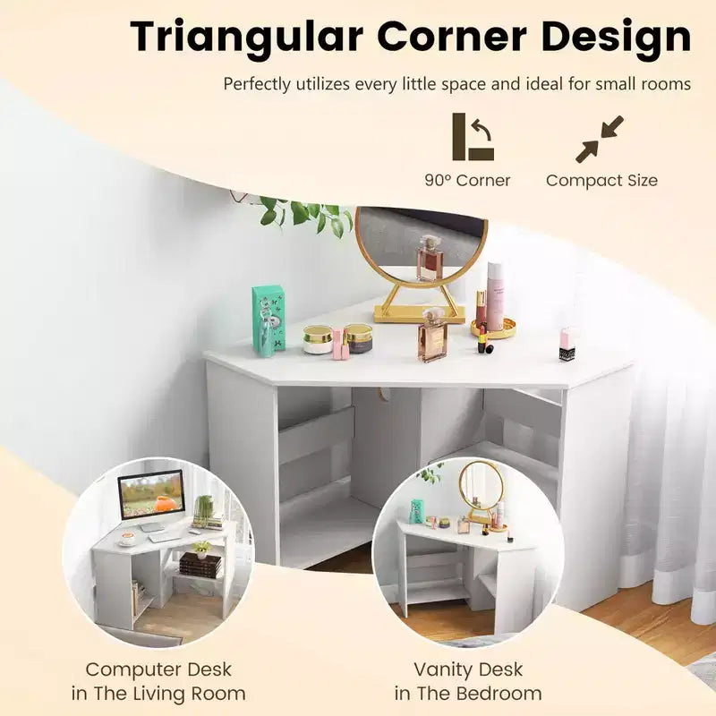 Bureau d'angle informatique Costway triangulaire avec étagère de rangement blanc