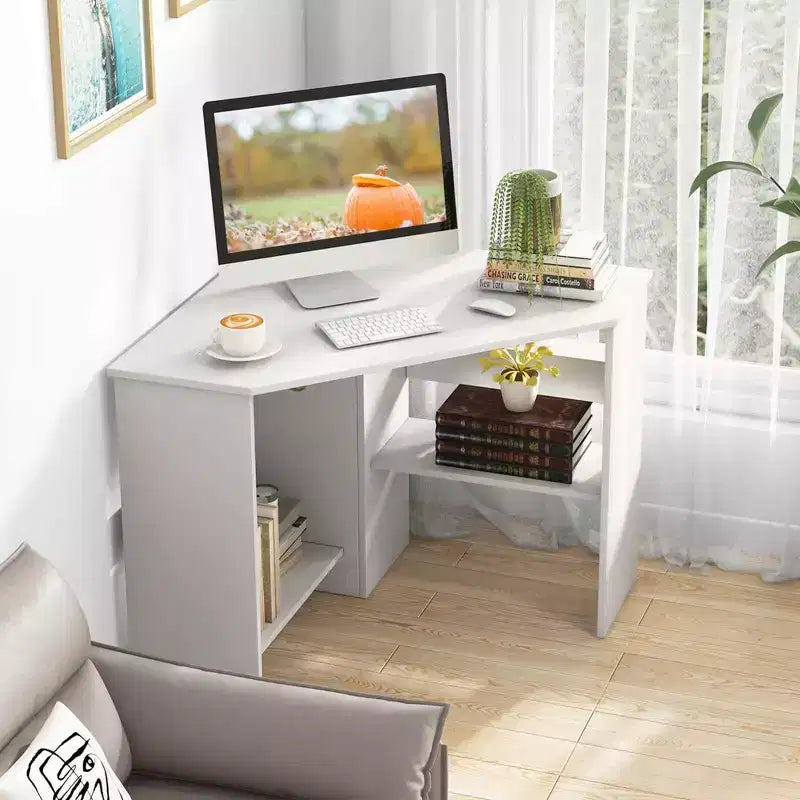 Bureau d'angle informatique Costway triangulaire avec étagère de rangement blanc