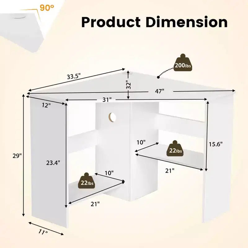 Bureau d'angle informatique Costway triangulaire avec étagère de rangement blanc