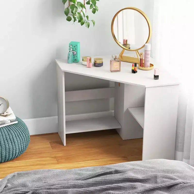 Bureau d'angle informatique Costway triangulaire avec étagère de rangement blanc