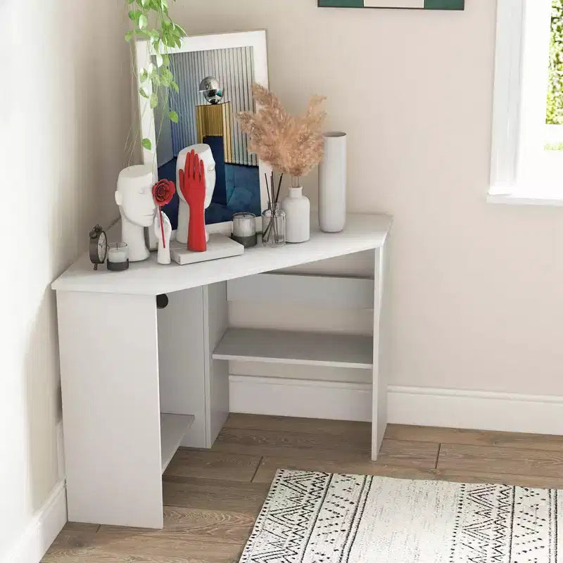 Bureau d'angle informatique Costway triangulaire avec étagère de rangement blanc