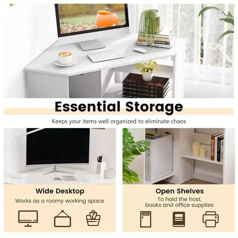 Bureau d'angle informatique Costway triangulaire avec étagère de rangement blanc