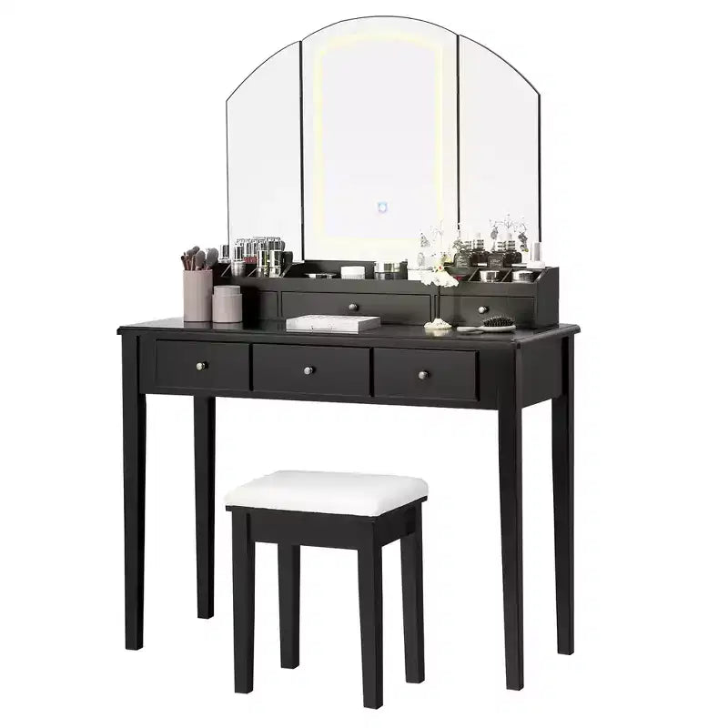 Costway Table de Maquillage et Tabouret Grand Miroir Triple avec Éclairage 6 Tiroirs Coiffeuse Blanc/Noir