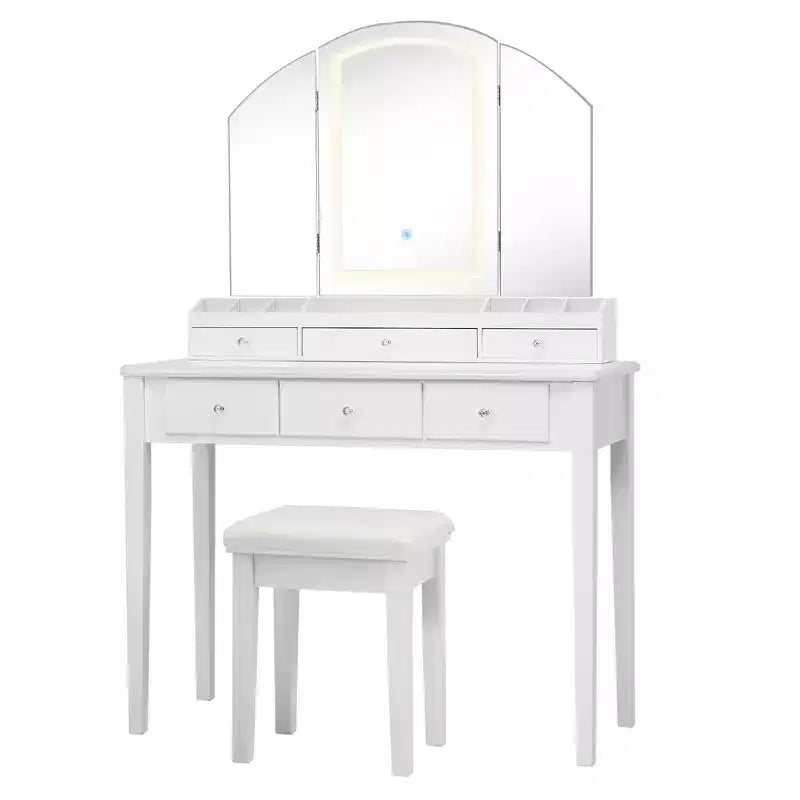 Costway Table de Maquillage et Tabouret Grand Miroir Triple avec Éclairage 6 Tiroirs Coiffeuse Blanc/Noir