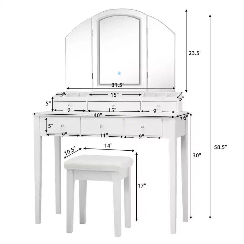 Costway Table de Maquillage et Tabouret Grand Miroir Triple avec Éclairage 6 Tiroirs Coiffeuse Blanc/Noir