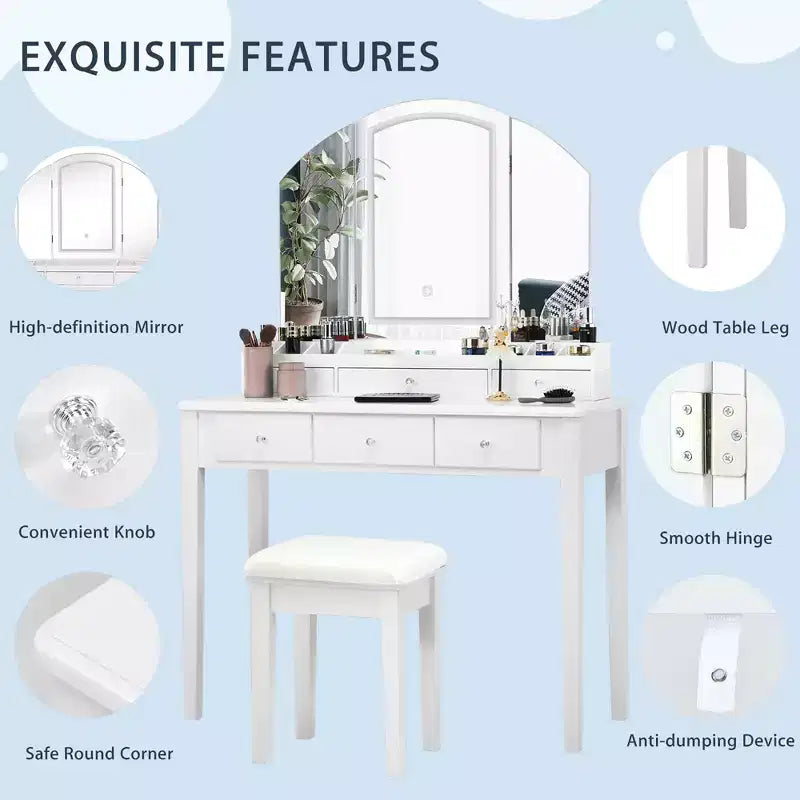 Costway Table de Maquillage et Tabouret Grand Miroir Triple avec Éclairage 6 Tiroirs Coiffeuse Blanc/Noir