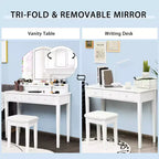 Costway Table de Maquillage et Tabouret Grand Miroir Triple avec Éclairage 6 Tiroirs Coiffeuse Blanc/Noir