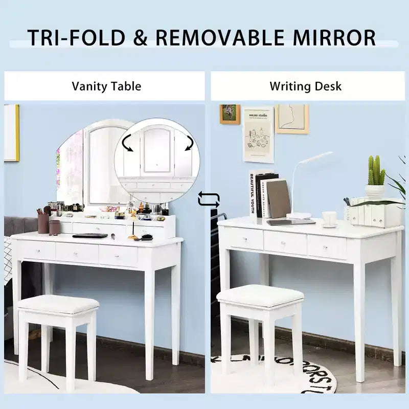 Costway Table de Maquillage et Tabouret Grand Miroir Triple avec Éclairage 6 Tiroirs Coiffeuse Blanc/Noir
