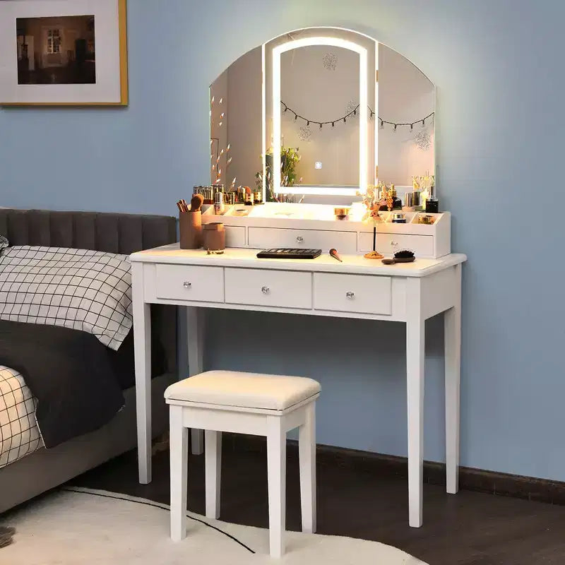 Costway Table de Maquillage et Tabouret Grand Miroir Triple avec Éclairage 6 Tiroirs Coiffeuse Blanc/Noir