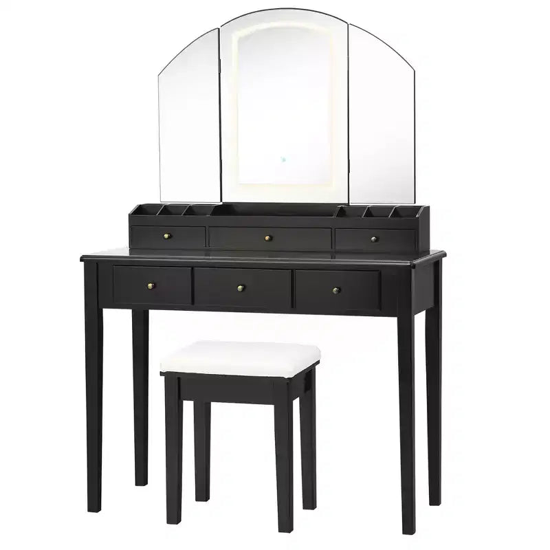 Costway Table de Maquillage et Tabouret Grand Miroir Triple avec Éclairage 6 Tiroirs Coiffeuse Blanc/Noir