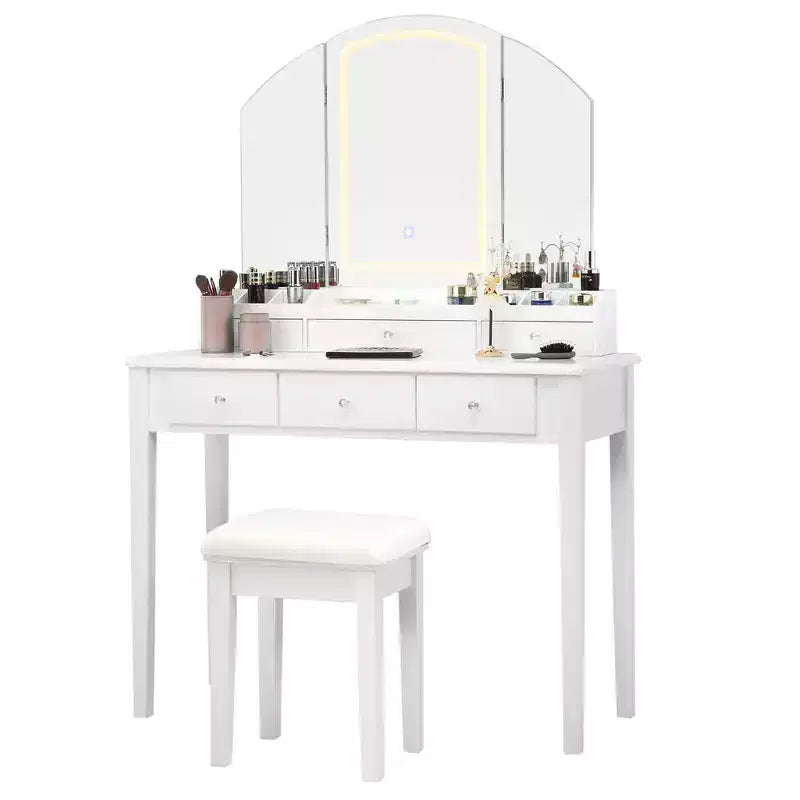 Costway Table de Maquillage et Tabouret Grand Miroir Triple avec Éclairage 6 Tiroirs Coiffeuse Blanc/Noir