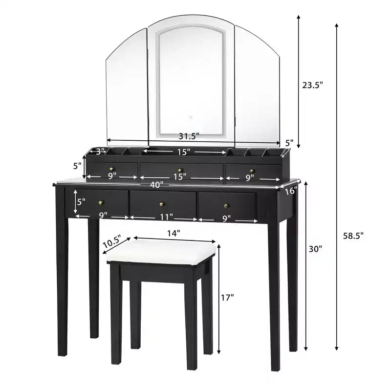 Costway Table de Maquillage et Tabouret Grand Miroir Triple avec Éclairage 6 Tiroirs Coiffeuse Blanc/Noir
