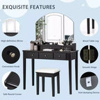 Costway Table de Maquillage et Tabouret Grand Miroir Triple avec Éclairage 6 Tiroirs Coiffeuse Blanc/Noir
