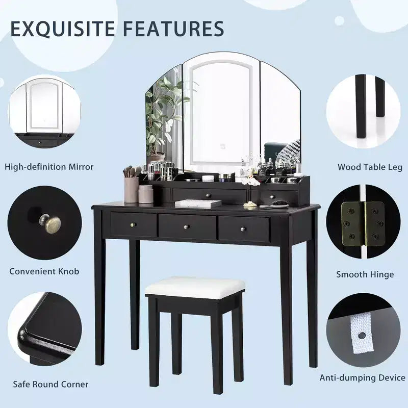 Costway Table de Maquillage et Tabouret Grand Miroir Triple avec Éclairage 6 Tiroirs Coiffeuse Blanc/Noir